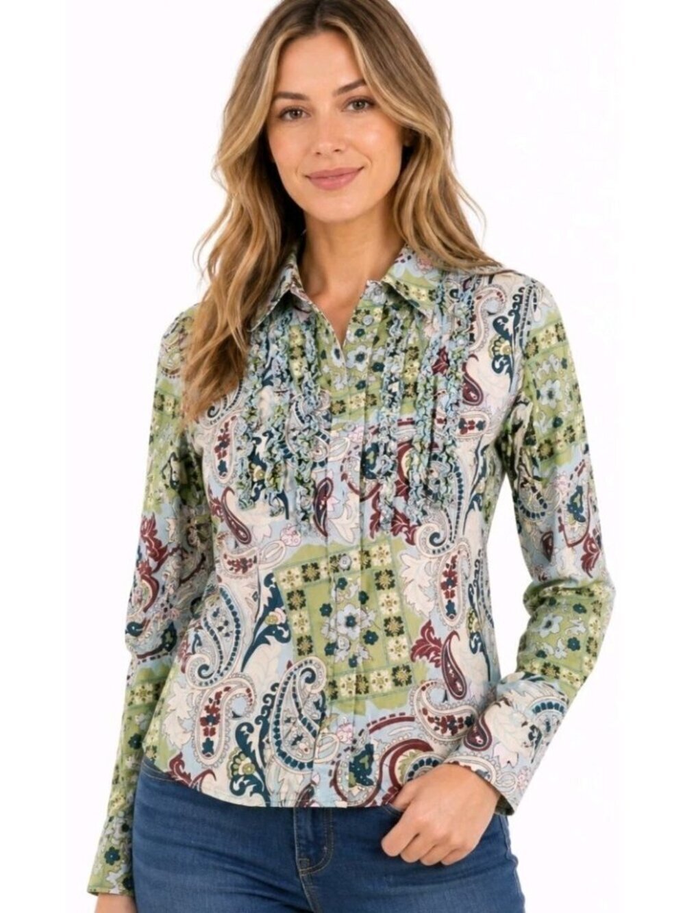 Womens Y2K Boho Paisley Ruffle Front Blouse Patchwork Print Button Up Top M